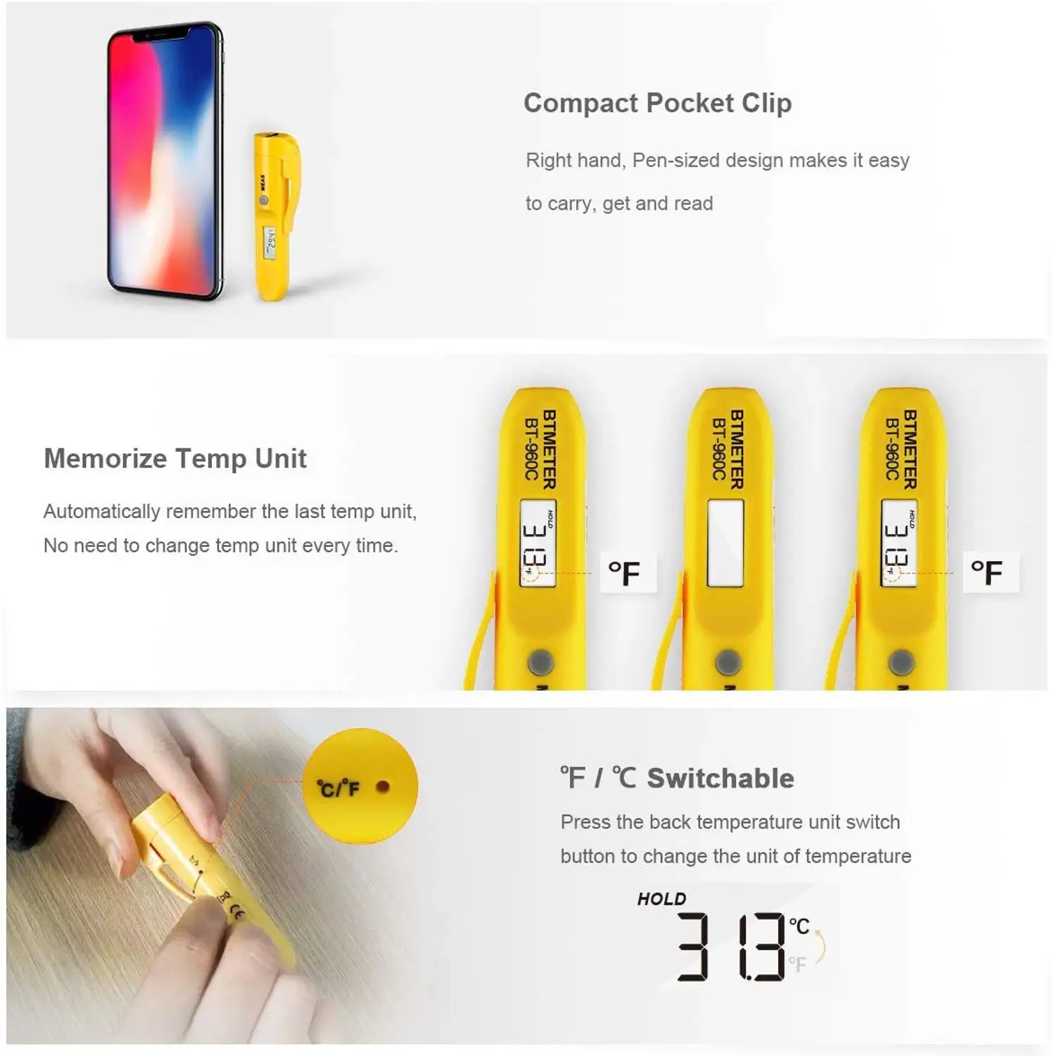 BTMETER BT-960C Мини цифровой инфракрасный термометр температура ручка с карманом клип Instan для кухни барбекю конфеты жарки