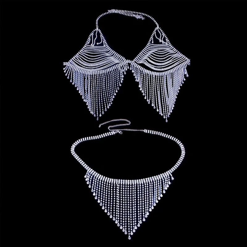 Tassel Crystal Bralette Set Bikini Top Body Chain Bra Necklace for Women Underwear Rhinestone Body Jewelry Sexy Thong Panties