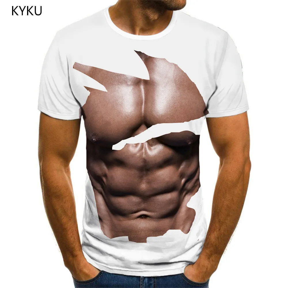 

Мужская футболка с принтом KYKU, белая футболка с коротким рукавом и принтом мышц живота, одежда для аниме