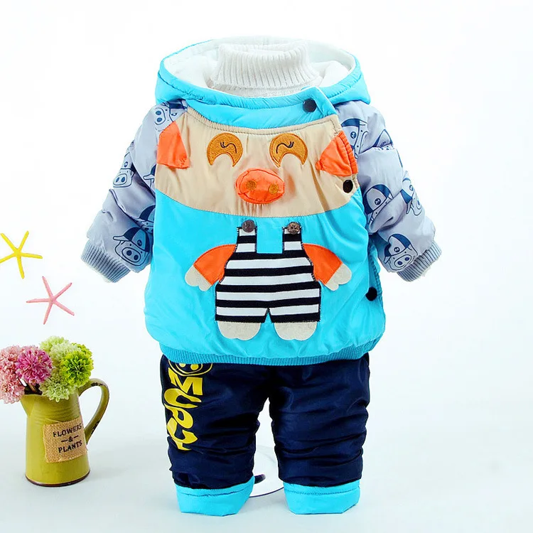 blue pig Комплект одежды для маленьких мальчиков, Вельветовая одежда для малышей зимние спортивные костюмы, детский спортивный костюм, комплект, повседневная куртка с капюшоном с рисунком+ штаны - Цвет: blue pig