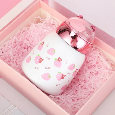 Strawberry 300ml Boxi Милая термобутылка из нержавеющей стали для девочек, портативная объемная кружка с блестками из мультфильма с веревкой, открытый спортивный термос, кружка 300 мл - Color: Strawberry 300ml