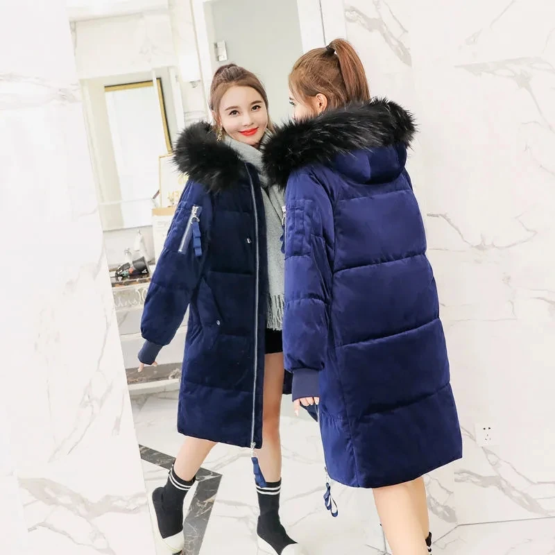 2021 Golden Velvet Winter Down Jacket For Women Hooded False Fur Warm Thicken Female Cotton Long Loose Puffer Jackets | Женская одежда