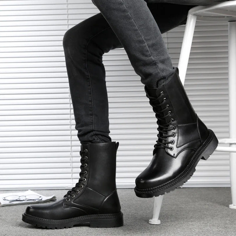 new arrival mens luxury fashion mid-calf boots black cow leather shoes cowboy platform long boot outdoor bota militar masculino |
