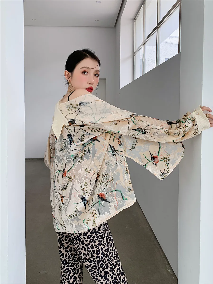 Шерстяная мешковатая рубашка с цветочным принтом сетчатая прозрачная осень 2021