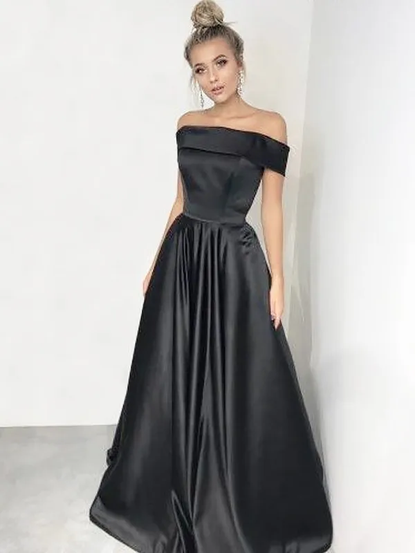 as picture-Black Beatue вечерние платья с открытыми плечами и карманами с коротким рукавом, с коротким шлейфом, а-силуэт, Желтые атласные Формальные Вечерние платья - Цвет: as picture-Black