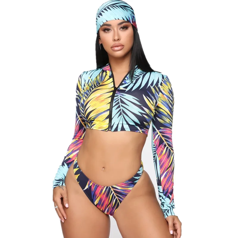 

2021 Sexy Zipper Bikinis Women Long Sleeve Swimsuit Leaves Print Bathing Suits Beachwear Brazilian Bikini Set Biquini Female
