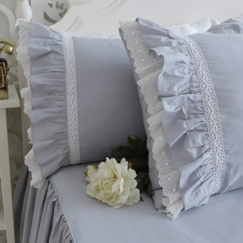 Top luxury bedding set light embroidery ruffle lace gray duvet cover bed sheet bedspread princess queen pillowcase HM-05S |