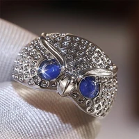 newest silver color cute owl women finger rings blue imitation opal eyes creative animal jewelry personality party accessories