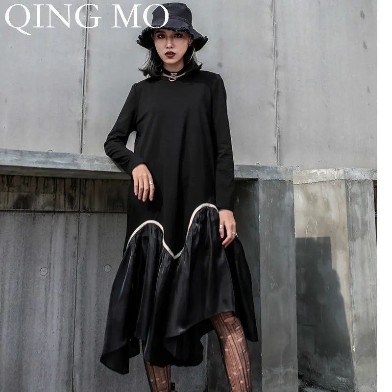 Женское асимметричное платье Русалка QING MO черное Хлопковое в стиле пэчворк с