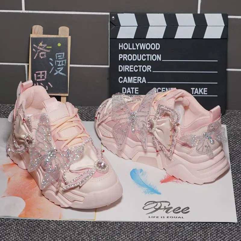 

2021 new shiny rhinestone butterfly pink age-reducing sports casual shoes tide brand heavy industry old shoes women's