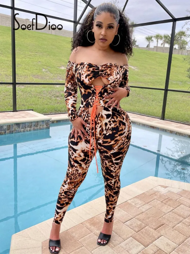 

Soefdioo Leopard Printed Long Sleeve Slim Jumpsuits Wome Sexy Hollow Out Bandage Backless Rompes Autumn 2021 Night Club Outfit