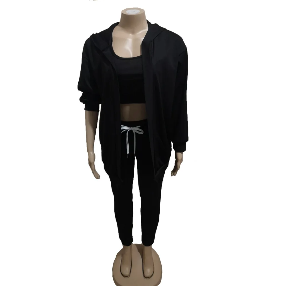 

All Black Tracksuit Women Sets Clothes Long Sleeve Coats Jacket + Tank Crop Top + Joggers Pants Fall Winter 2 Pieces Outfits