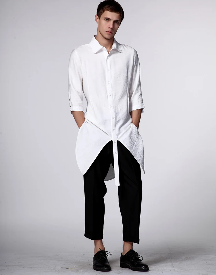 

Men's Long Shirt Korean Fashion Nightclub Linen Stylist Slim Five Sleeve Top Personalized Solid Color Shirt