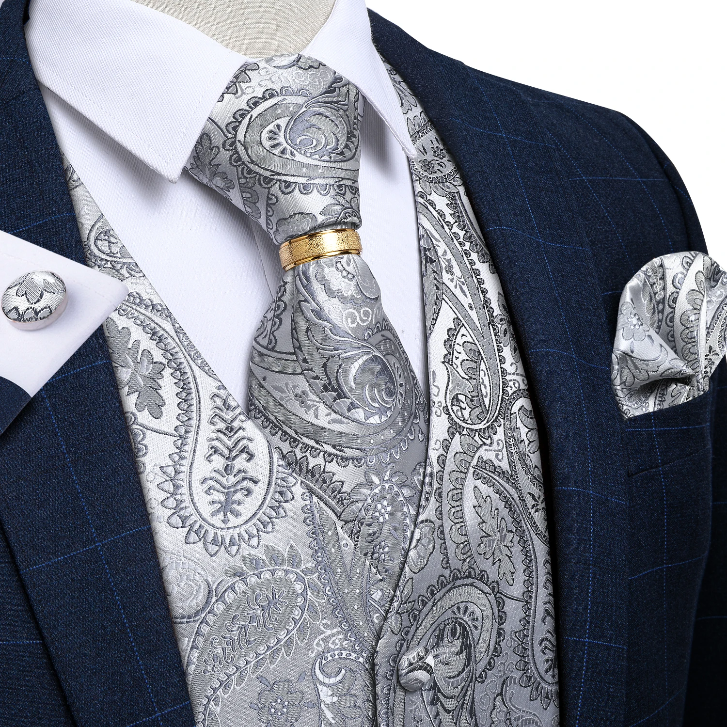 

Men's Wedding Paisley Jacquard Silver Waistcoat Vest Tie Hanky Gold Tie Ring Set Party Silk Vest Sleeveless Jacket DiBanGu