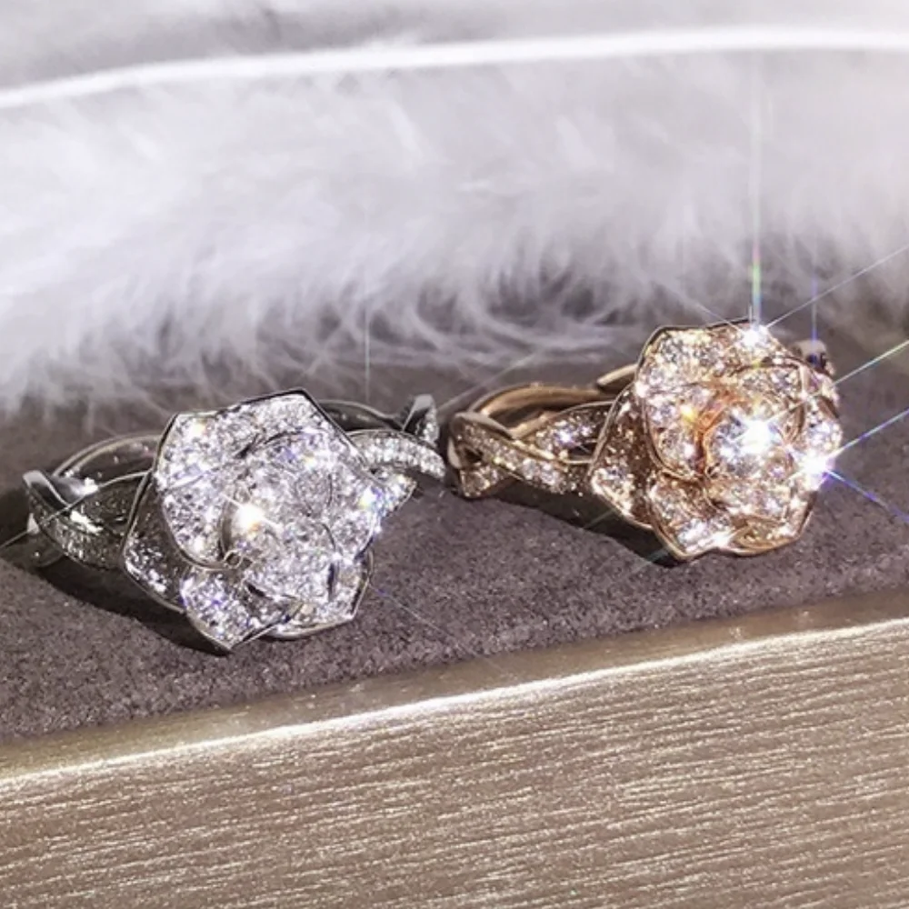 

Rose Flower Rings For Women Jewelry 925 Sterling Silver Vintage Finger Rings Female Wedding Promise Female Crystal Ring Gifts