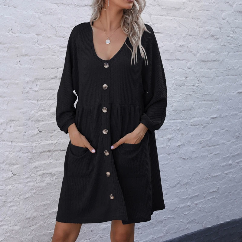 

A-Line Knitting Casual dresses women 2020 V neck button pocket loose-fitting knitted mini dress womens vestidos vintage dress