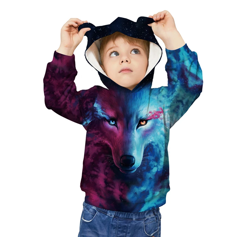 

Digital Printing Wolf Children's Clothes with Ears Boys Girls Hoodies Autumn Long Sleeves Top Kids Sweatshirts 2 Style
