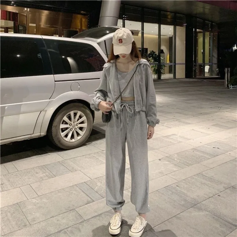 Women 3 Piece Set Solid Color Zip Hooded Drawstring Sweatshirts + Sexy vest+ Stretch Waist Casual Pants Fashion Suit tracksuit |