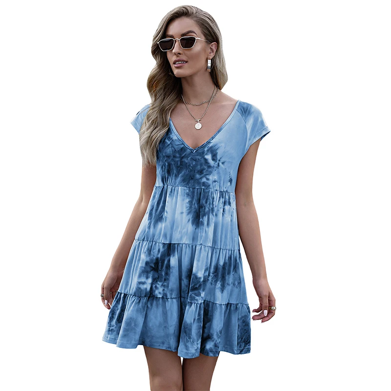 

Blue Ladies New 2021 Summer Fashion V-neck Tie Printed Dye V-neck Top Sun Skirt Beach Party Sun Beach Mini Dress Women