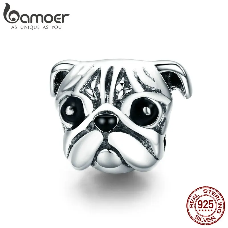 BAMOER 925 пробы серебряные Очаровательные бусы в виде головы мопса, очаровательные женские браслеты и ожерелья DIY Ювелирные изделия SCC834