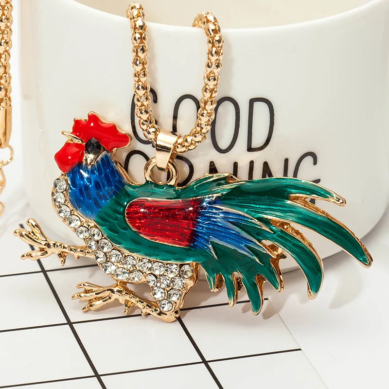 

Chiken Rooster Cock Necklace Statement Alloy Crystal Enamel Farm Anima Chain Pendant New Jewelry Women