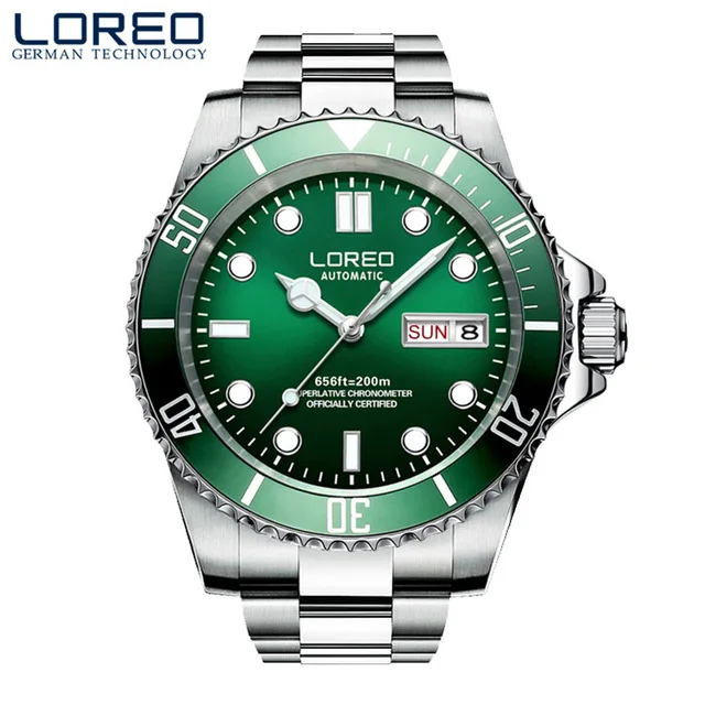 Steel band 1 200 м водонепроницаемые автоматические спортивные часы LOREO мужские часы лучший бренд класса люкс сапфировый Календарь Неделя светящийся полный стальной ныряющий часы - Цвет: Steel band 1