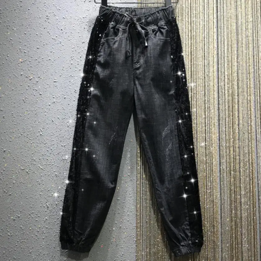 Женские джинсы с блестками повседневные свободные штаны-шаровары эластичной