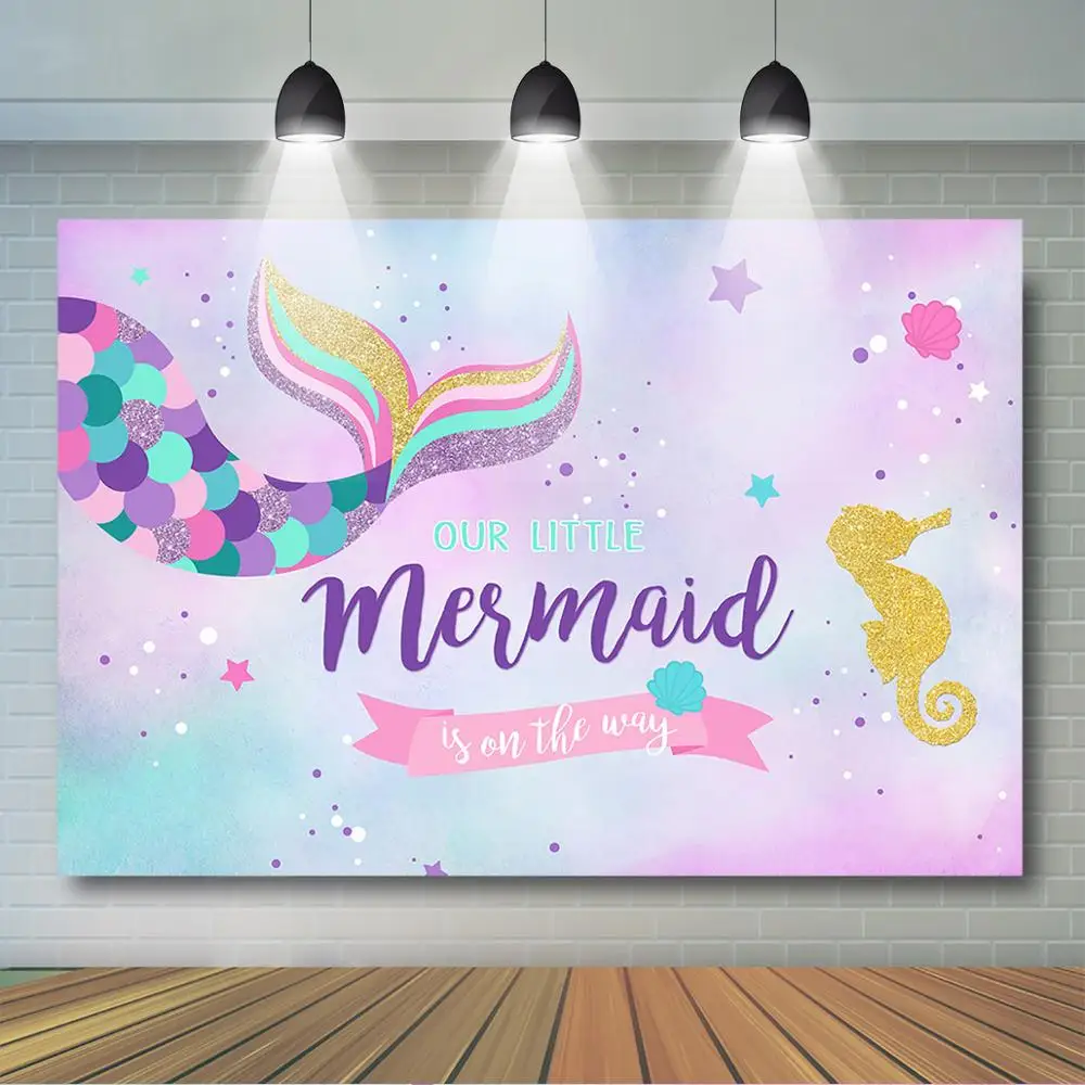 

Mermaid Baby Shower Backdrop Our Mermaid is On The Way Baby Shower Party Decor Mermaid Tail and Seahorse Watercolor Background