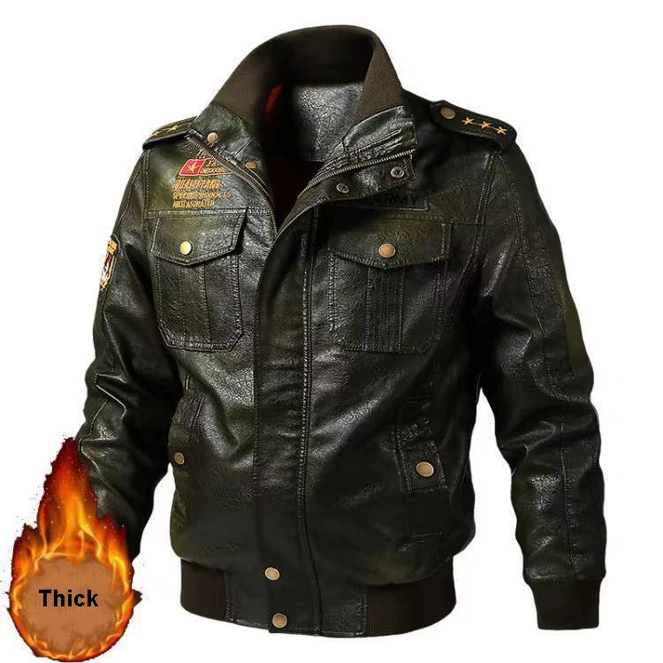 Army green Thick Мужская кожаная куртка, Весенняя модная мотоциклетная верхняя одежда, куртки-бомберы, винтажная куртка из искусственной кожи, пальто, Мужская одежда, плюс Размер 6XL - Цвет: Army green Thick