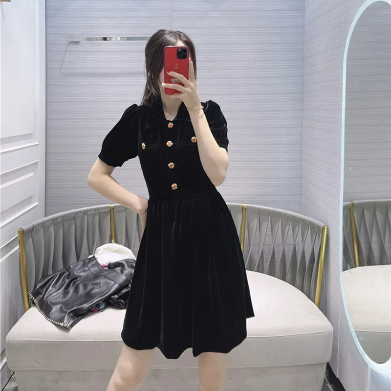 

Высококачественное женское бархатное черное платье с пышными рукавами, элегантные платья с разноцветными глазурованными пуговицами, женс...