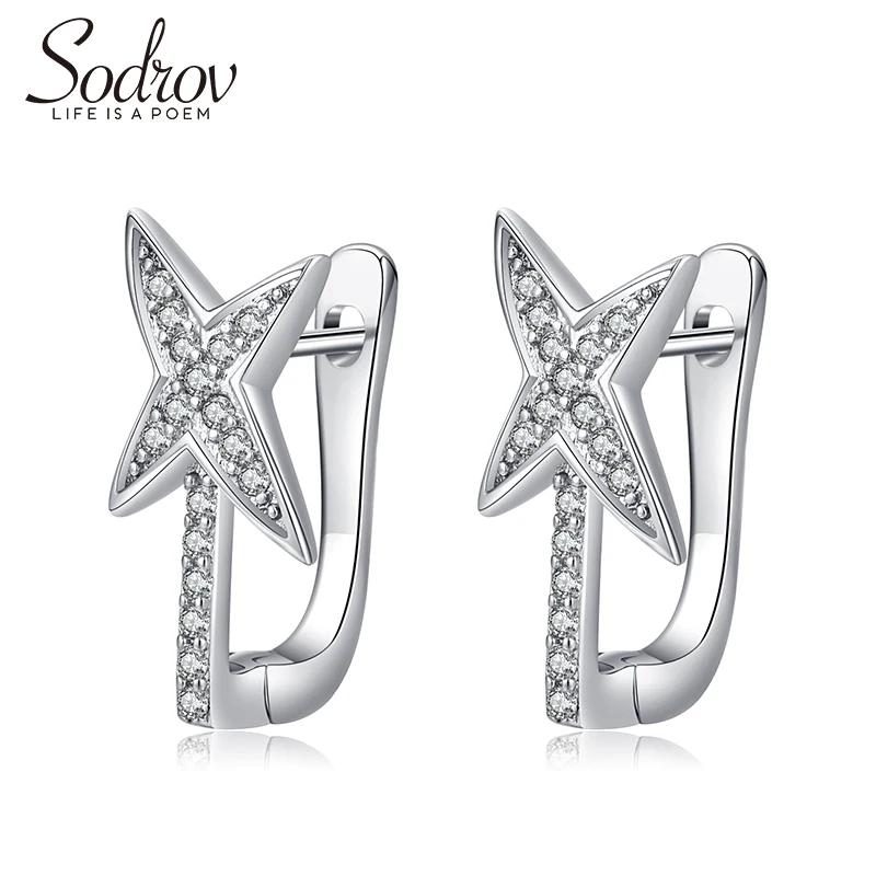 Серьги кольца из серебра 925 пробы с четырьмя острыми звездами|Серьги-кольца| |