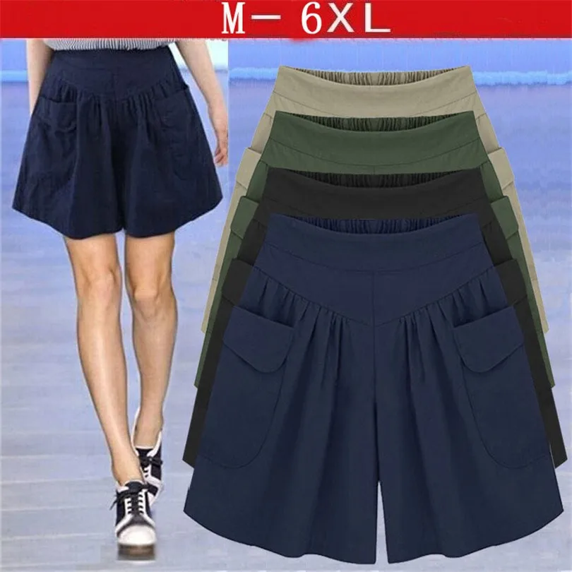 

Summer Shorts Women Casual Pleated High Waist Pockets Wide Leg Thin Elastic All-Match Loose Soft Cotton Exercise Folds