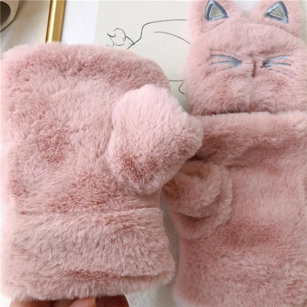 

Winter Women Outdoor Cartoon Cats Gloves Flip Half Finger Thicken Warm Mittens