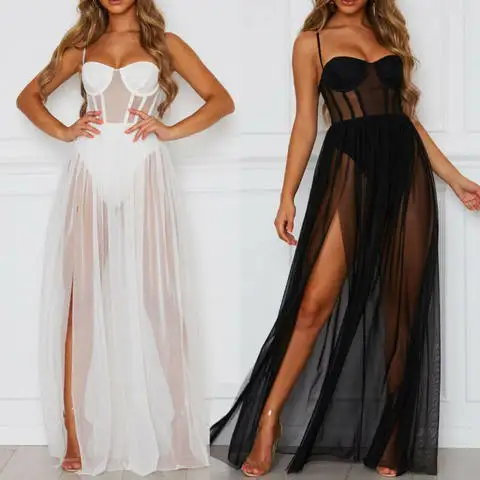 

Summer New Fashion Sexy Women See-through Bodycon Spaghetti Strap Long Dress Elastic High Waist Party Beach Bodysuit Sundress
