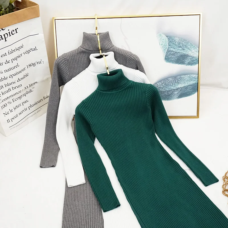 Женское трикотажное платье-свитер с высоким воротником и длинным рукавом |