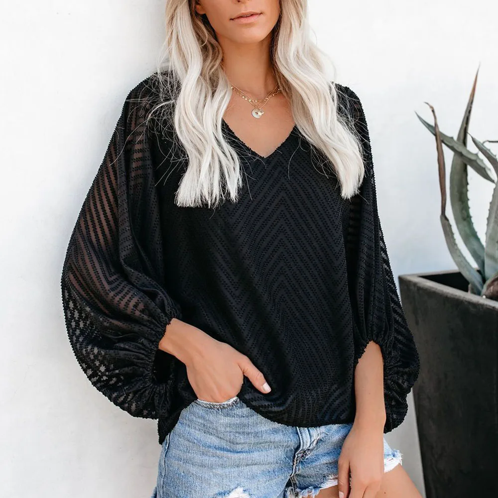 

2021 Spring New Women's Skin-friendly Chiffon Shirt V-neck Lantern Sleeve Pullover Blouse Solid Color Casual Fashion Blouse