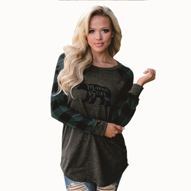 Пэдди дизайн медведя и надписью MAMA с принтом в клетку футболка осень-зима длинным