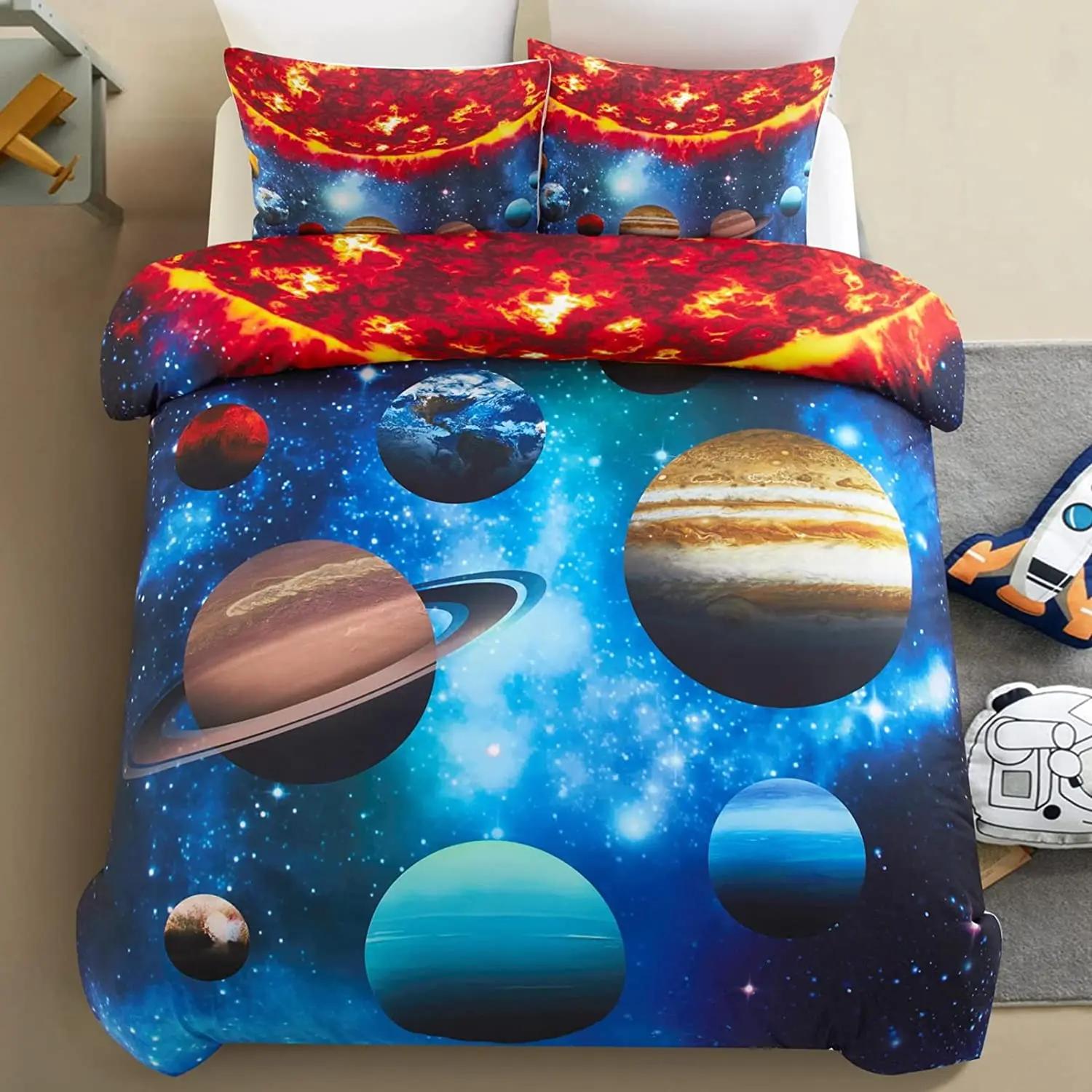 

Josatina Home Galaxy Space Kids Duvet Cover Sets Full Size, 3D Planets Pattern Duvet Cover for Boys Girls,
