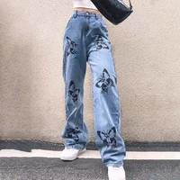 sexy high waist pencil pants jeans women comfortable fashion casual loose butterfly print mom jeans washed boyfriend jeans femme