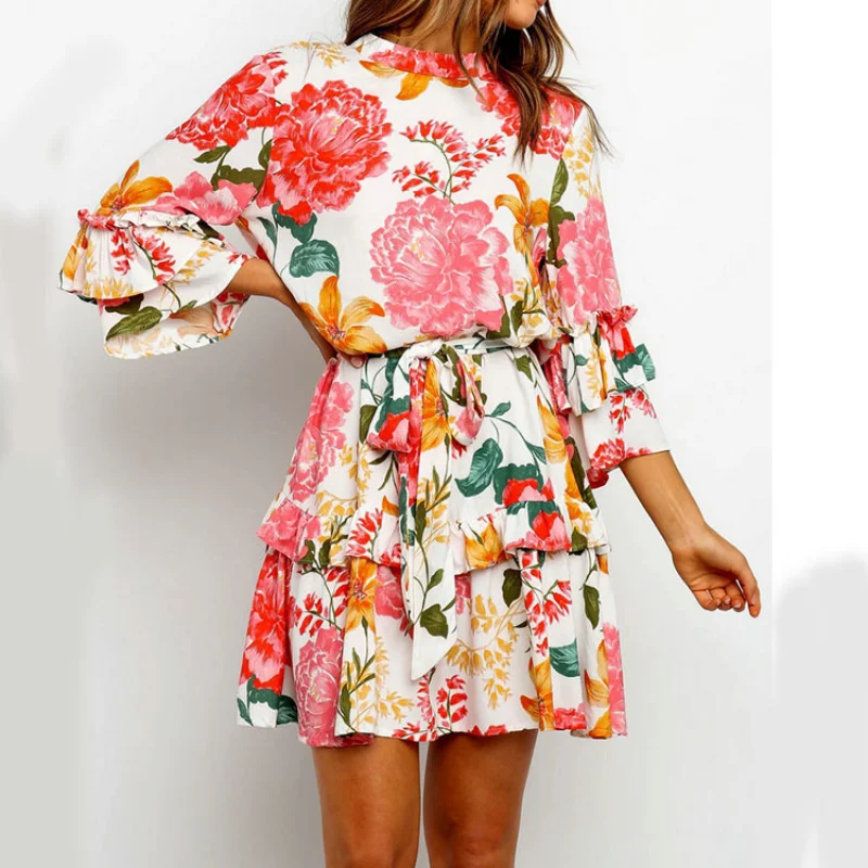 

Autumn Cascad Ruffled Flower Print Dress Women OL Half Sleeve A-line Dress Boho Beach Female Elegant Mini Party Vestidos Dresses
