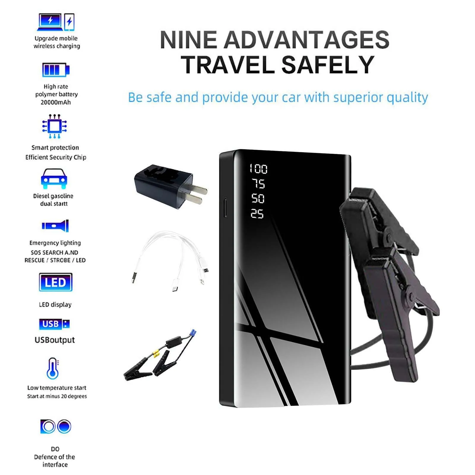 

Emergency Start Power 8000mAh Car Multifunctional Car Emergency Starter 12V Gasoline Version Starter Snowstorm Use Blizzard