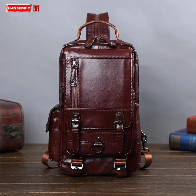 Genuine Leather Men's Bag Backpack Men Chest Small Casual Shoulder Bags Male Vintage Backpacks Cow | Багаж и сумки