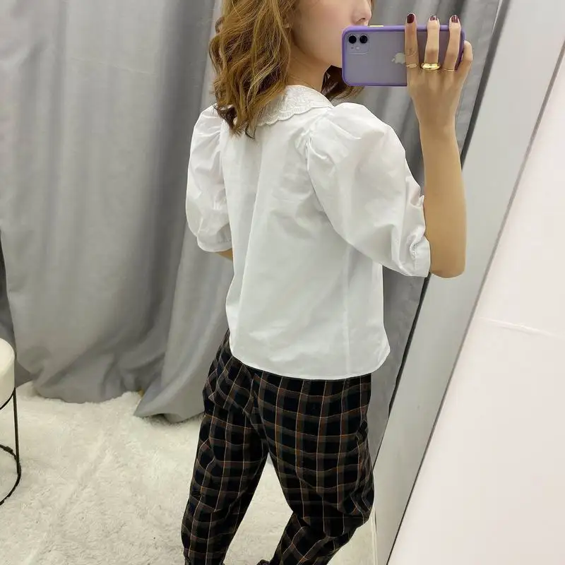 Женская белая рубашка лето 2020 новая мода короткий топ с рукавом до локтя