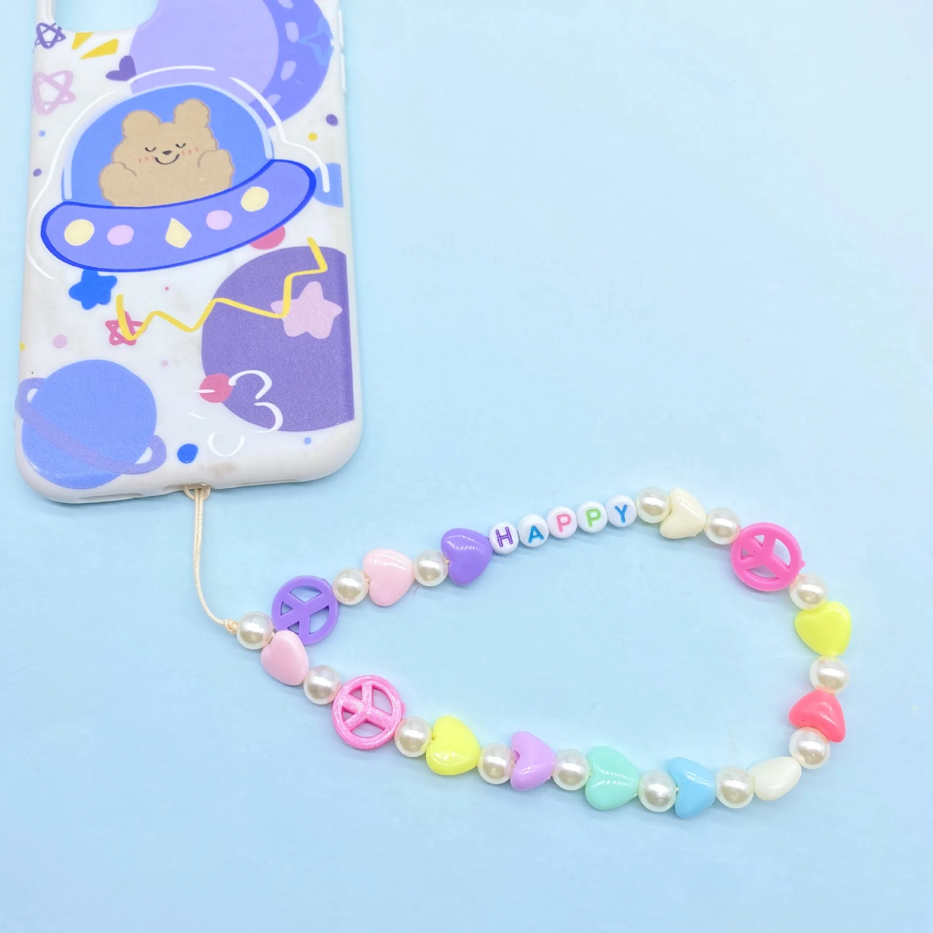 

Girly Style Color Love Heart Shape White Imitation Pearl HAPPY Letter Mobile Phone Chain Women's Lanyard Jewelry Accessory Gifts