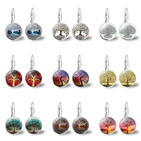 french tree of life glass cabochon ear hook earrings silver color tree of life earrings fashion 2021 new jewelry gift for women