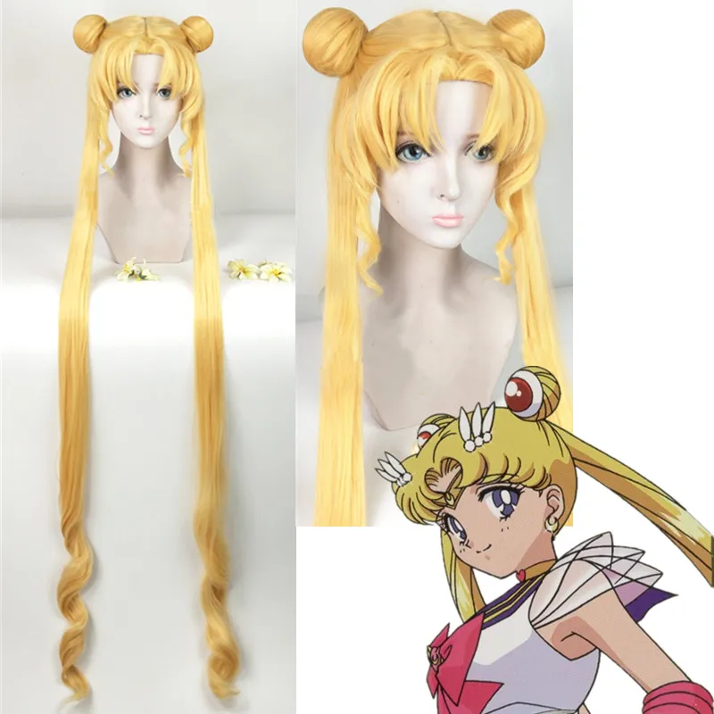 

Tsukino Usagi Cosplay Wig Long Curly Blonde Double Ponytails Heat Resistant Synthetic Wigs + Wig Cap