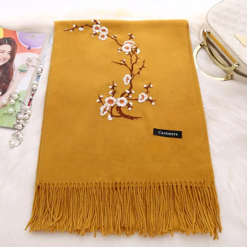 Женские длинные шарфы теплые кашемировые с вышивкой в виде цветов сливы на зиму и