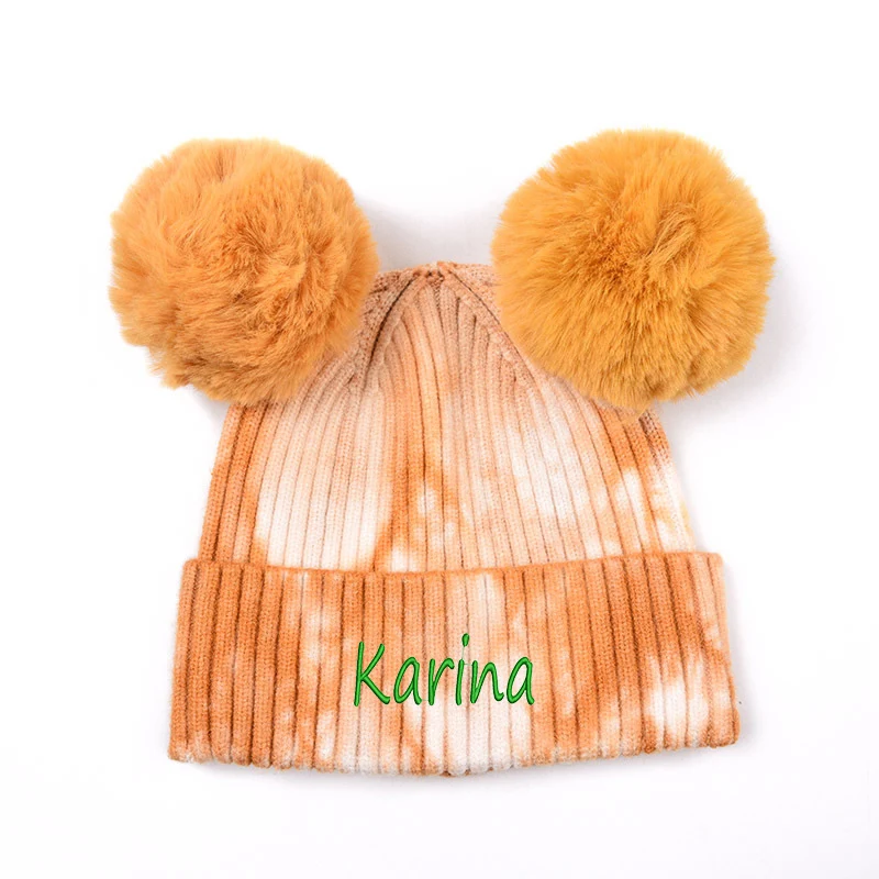 Персонализированная шапка для женщин из шерсти кролика с узорами, вышивкой и кастомным именем на зиму с помпоном.