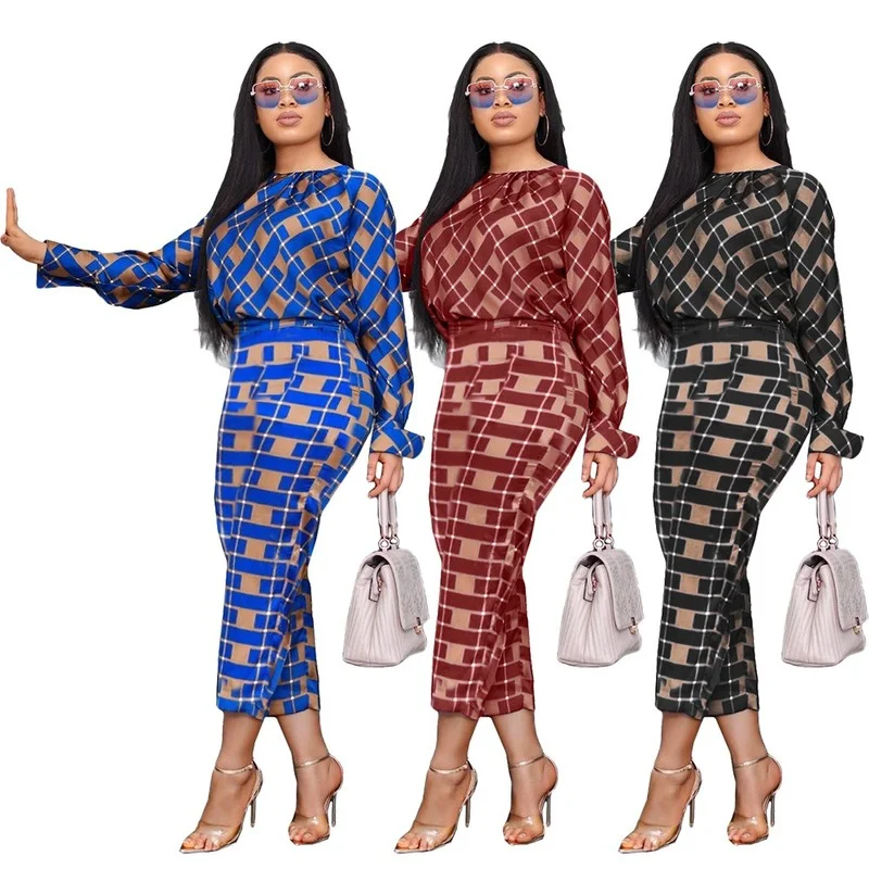 

Women Plaid Print Casual Suit 2 Piece Set 2021 New Spring Autumn Long Sleeve Loose Blouse + Plaid Pants Set Tracksuit For Women