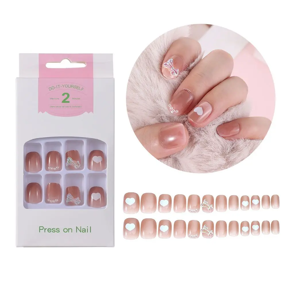 

Fashion Short Paragraph Bow Full Cover False Nails Love Heart Fake Nail Artificial